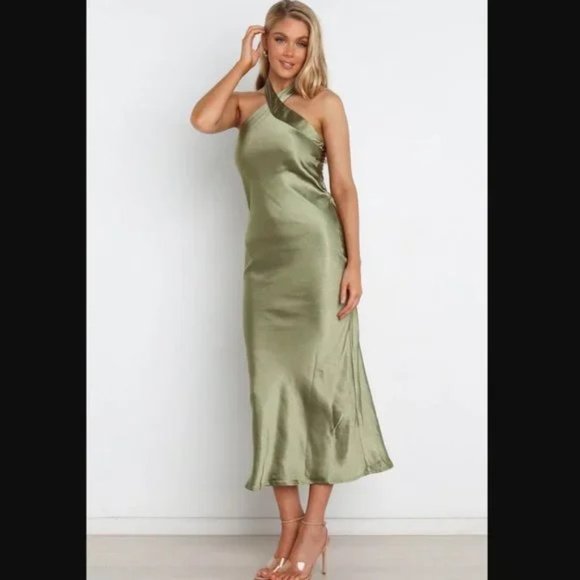 Petal & Pup Dresses Petal Pup Grasie Olive Green Satin Halter Maxi